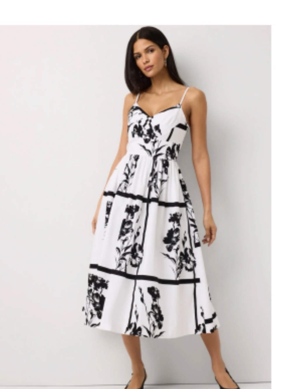 White House  Black Market  Black & White Floral Midi Dress with Spaghetti Straps